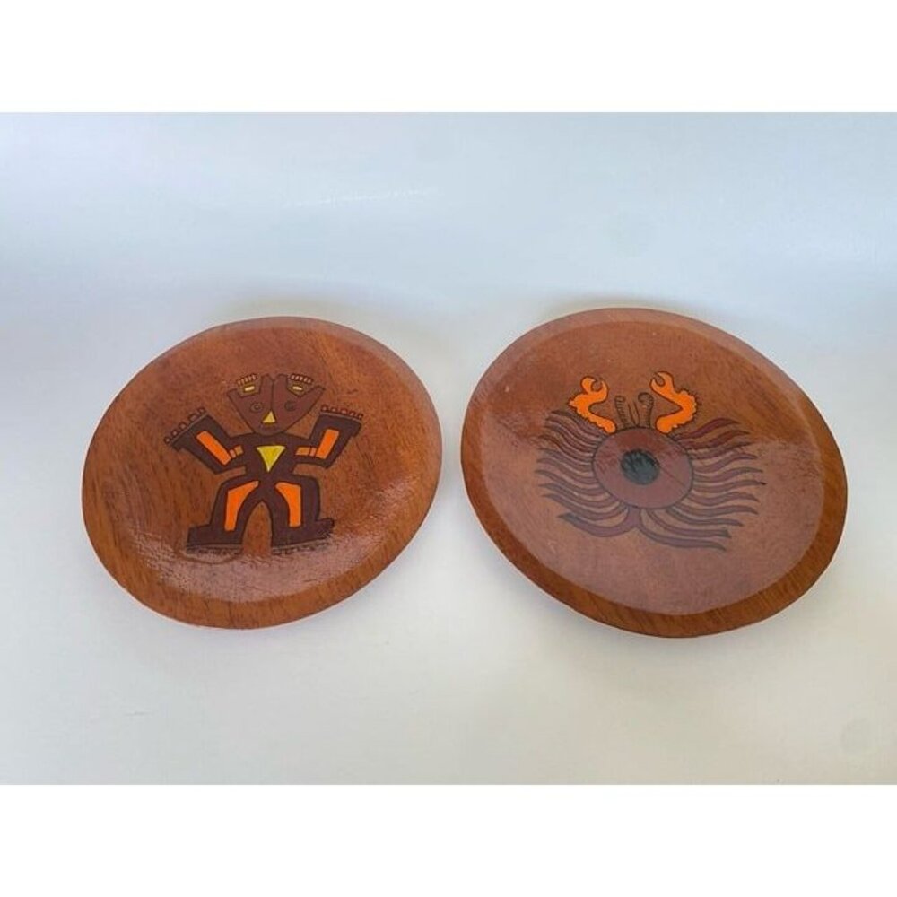 Vintage Hand Painted “Turtle God” & Crab Panama Wood Plate Lot 2